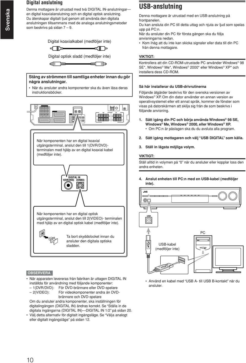 Digital koaxialkabel (medföljer inte) USB-anslutning Denna mottagare är utrustad med en USB-anslutning på frontpanelen. Du kan ansluta din PC till detta uttag och njuta av ljud som spelas upp på PC:n.