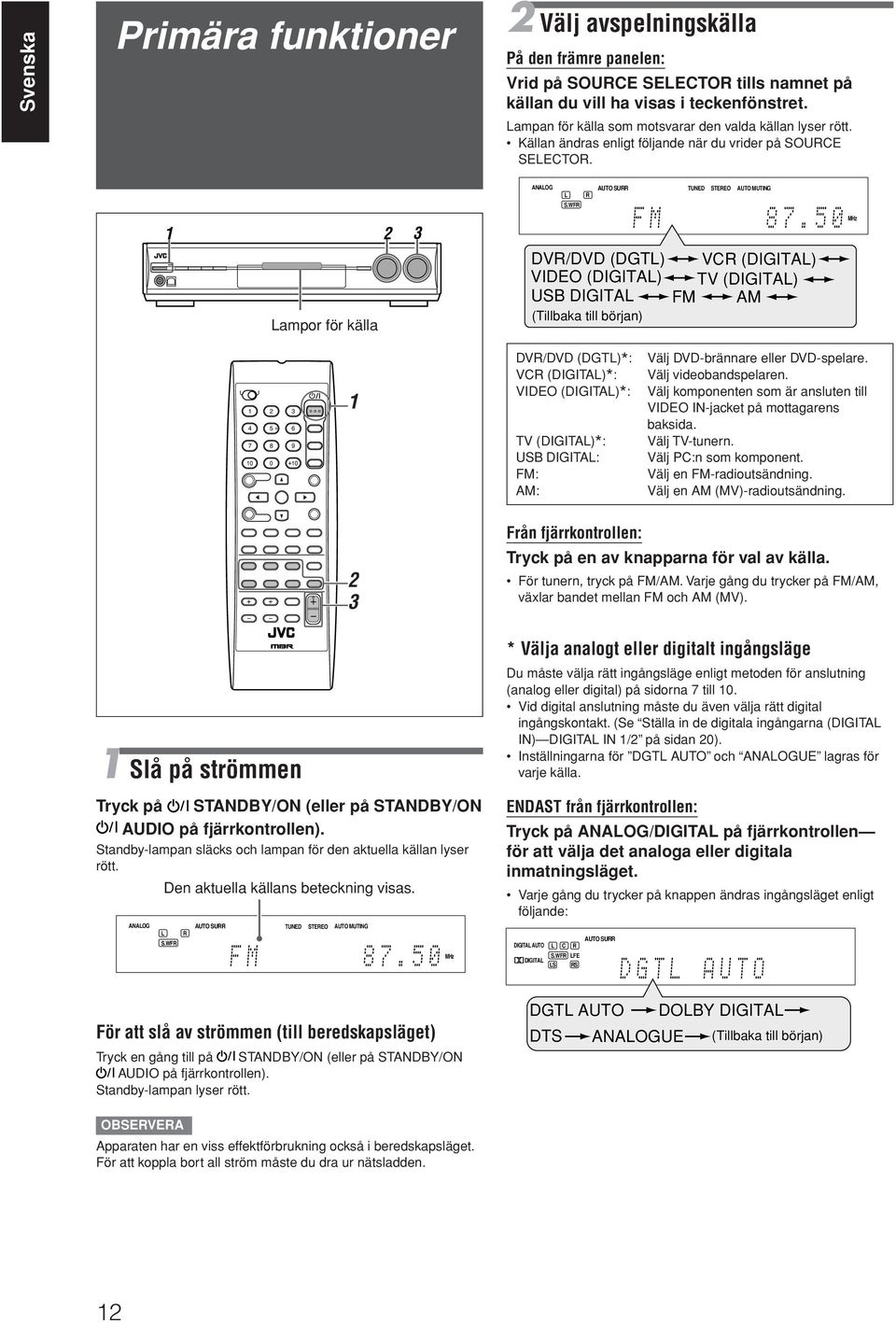 WF AUTO SU TUNED STEEO AUTO MUTING 1 2 3 ampor för källa DV/DVD (DGT) VIDEO (DIGITA) USB DIGITA (Tillbaka till början) VC (DIGITA) TV (DIGITA) FM AM MHz 1 4 7 2 5 8 0 3 6 9 1 DV/DVD (DGT)* : VC :