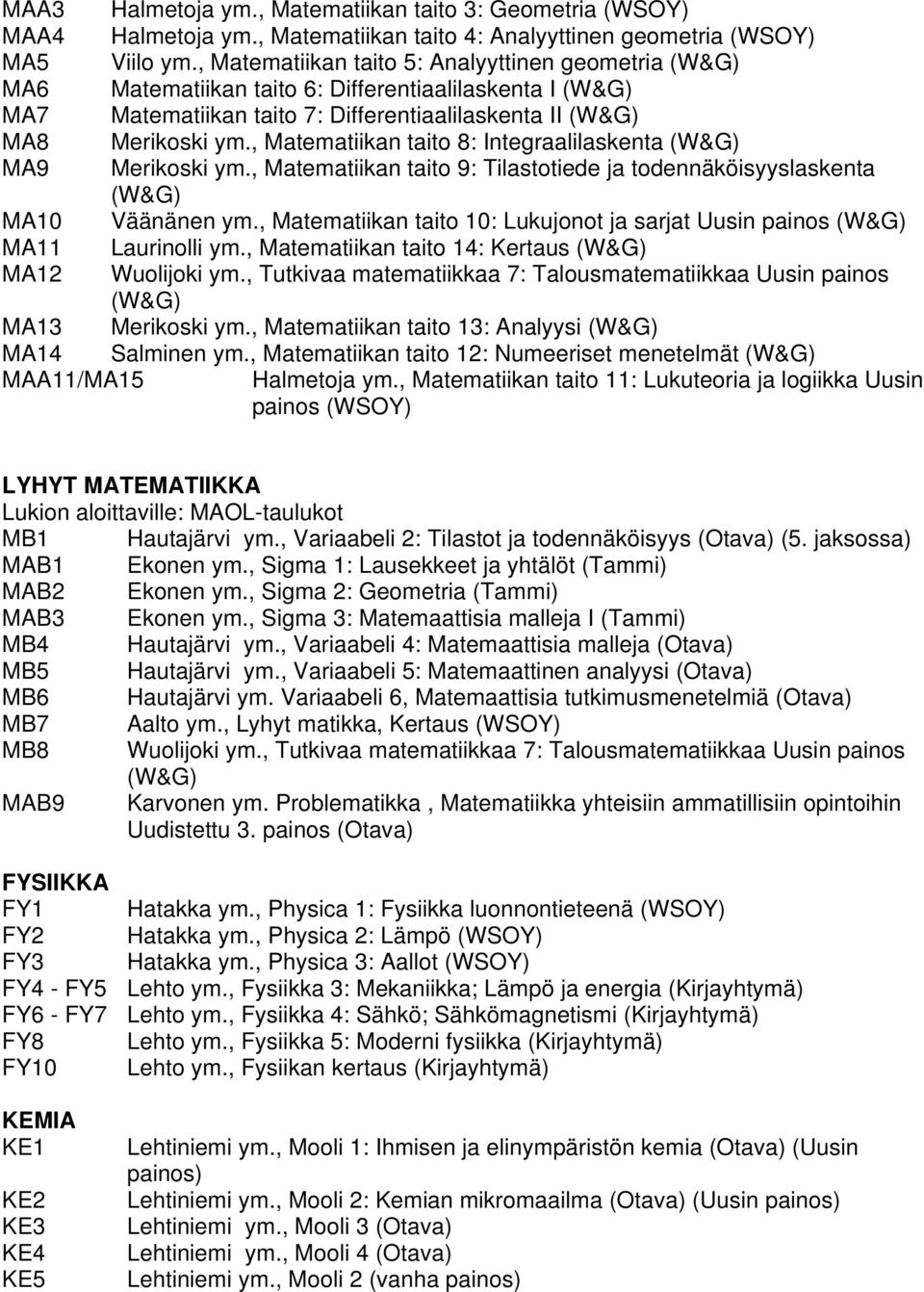 , Matematiikan taito 8: Integraalilaskenta MA9 Merikoski ym., Matematiikan taito 9: Tilastotiede ja todennäköisyyslaskenta MA10 Väänänen ym.