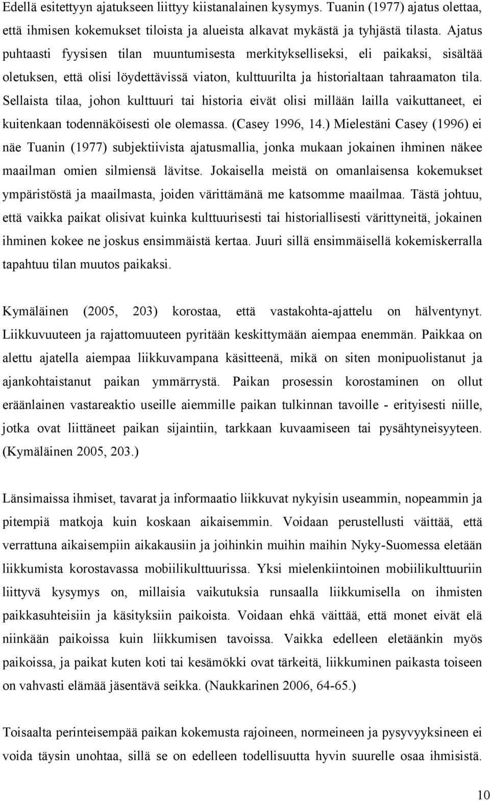 Sellaista tilaa, johon kulttuuri tai historia eivät olisi millään lailla vaikuttaneet, ei kuitenkaan todennäköisesti ole olemassa. (Casey 1996, 14.