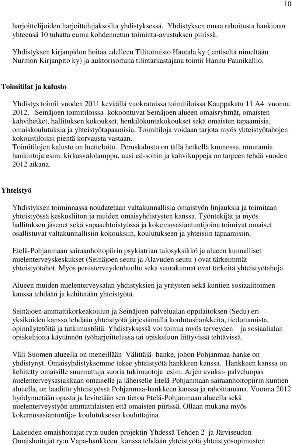 Toimitilat ja kalusto Yhdistys toimii vuoden 2011 keväällä vuokratuissa toimitiloissa Kauppakatu 11 A4 vuonna 2012.