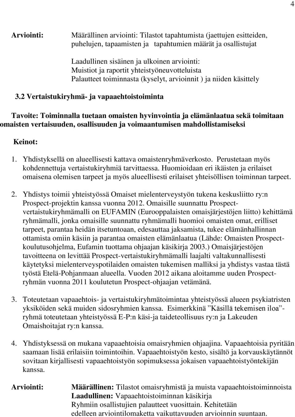 2 Vertaistukiryhmä- ja vapaaehtoistoiminta Tavoite: Toiminnalla tuetaan omaisten hyvinvointia ja elämänlaatua sekä toimitaan omaisten vertaisuuden, osallisuuden ja voimaantumisen mahdollistamiseksi