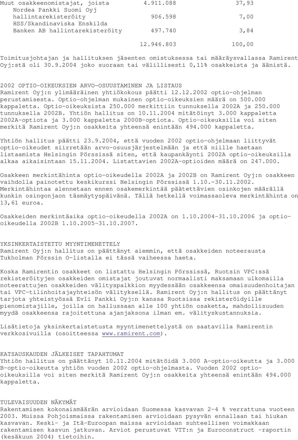 2002 OPTIO-OIKEUKSIEN ARVO-OSUUSTAMINEN JA LISTAUS Ramirent Oyj:n ylimääräinen yhtiökokous päätti 12.12.2002 optio-ohjelman perustamisesta. Optio-ohjelman mukainen optio-oikeuksien määrä on 500.