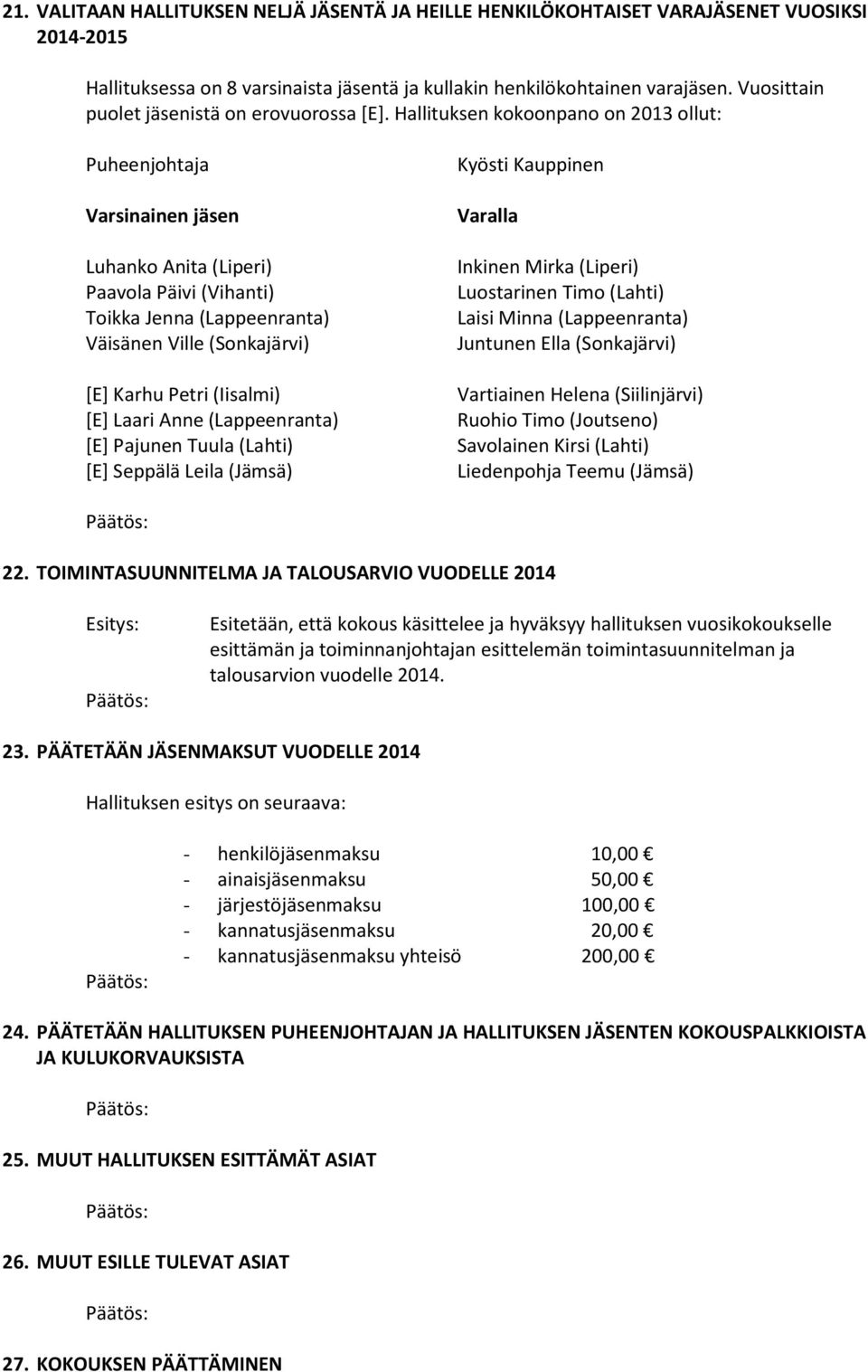 Hallituksen kokoonpano on 2013 ollut: Puheenjohtaja Varsinainen jäsen Luhanko Anita (Liperi) Paavola Päivi (Vihanti) Toikka Jenna (Lappeenranta) Väisänen Ville (Sonkajärvi) [E] Karhu Petri (Iisalmi)