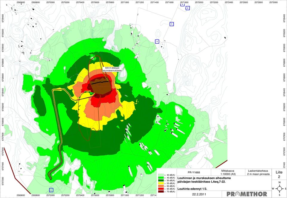 2570200 2570400 2570600 2570800 2571000 2571200 2571400 > 40 db(a) > 45 db(a) > 50 db(a) > 55 db(a) > 60 db(a) > 65 db(a) > 70 db(a) 2571600 Mittakaava PR-Y1668 1:10000 (A3) Louhinnan ja