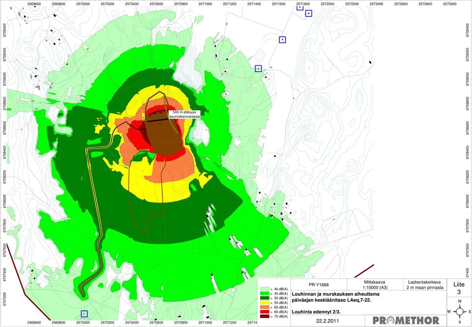 2570200 2570400 2570600 2570800 2571000 2571200 2571400 > 40 db(a) > 45 db(a) > 50 db(a) > 55 db(a) > 60 db(a) > 65 db(a) > 70 db(a) 2571600 Mittakaava PR-Y1668 1:10000 (A3) Louhinnan ja