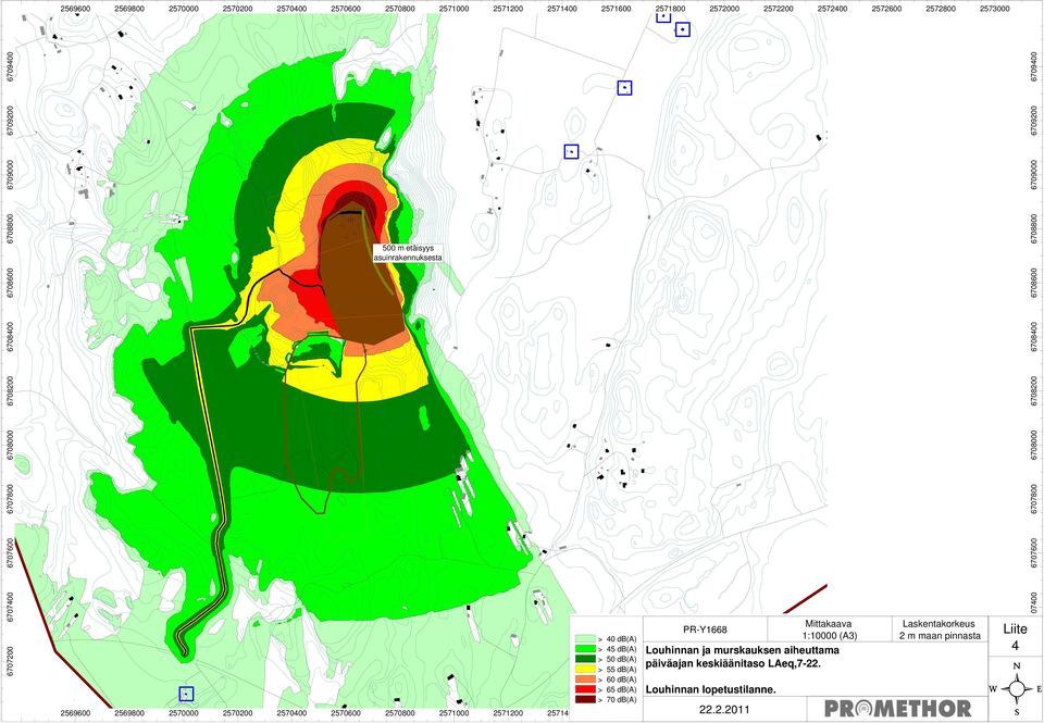 2570200 2570400 2570600 2570800 2571000 2571200 2571400 > 40 db(a) > 45 db(a) > 50 db(a) > 55 db(a) > 60 db(a) > 65 db(a) > 70 db(a) 2571600 Mittakaava PR-Y1668 1:10000 (A3) Louhinnan ja