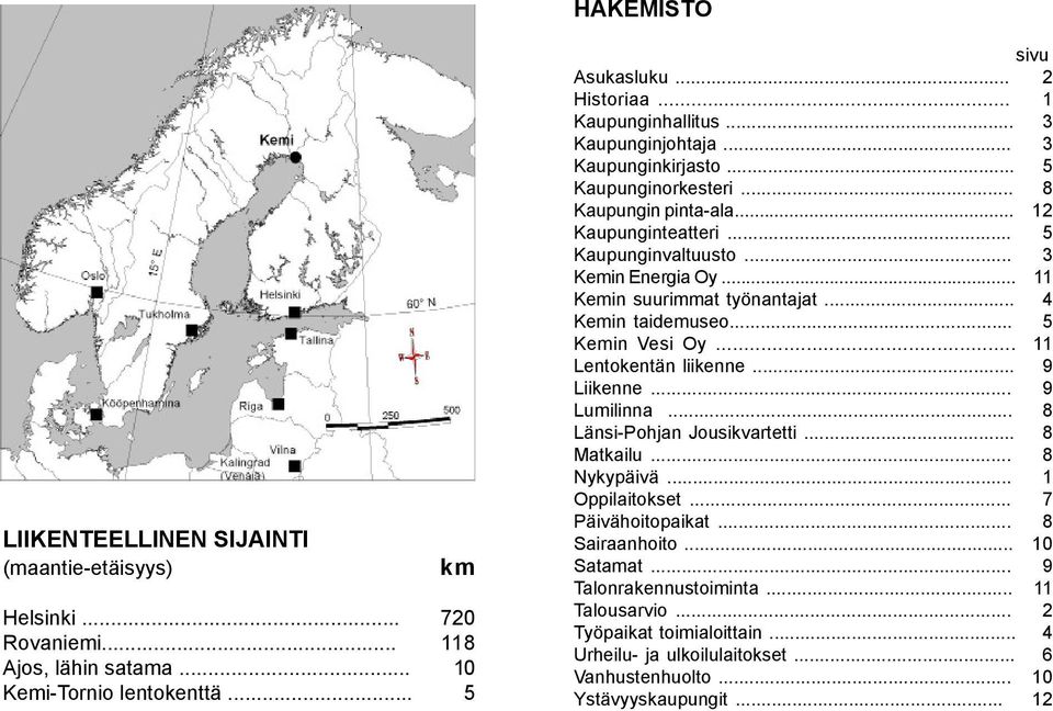 .. 4 Kemin taidemuseo... 5 Kemin Vesi Oy... 11 Lentokentän liikenne... 9 Liikenne... 9 Lumilinna... 8 Länsi-Pohjan Jousikvartetti... 8 Matkailu... 8 Nykypäivä... 1 Oppilaitokset.