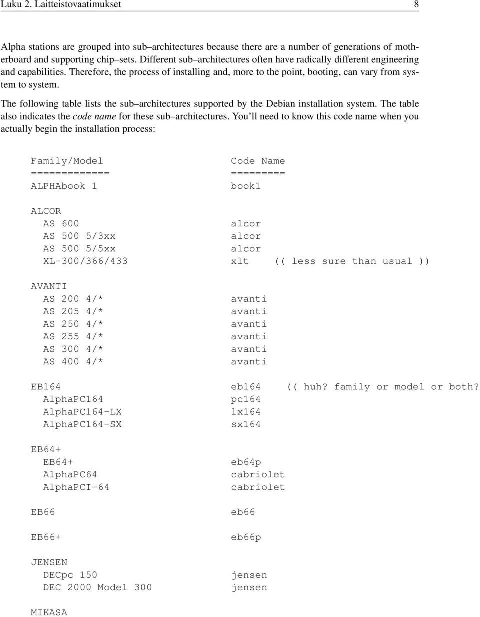 The following table lists the sub architectures supported by the Debian installation system. The table also indicates the code name for these sub architectures.