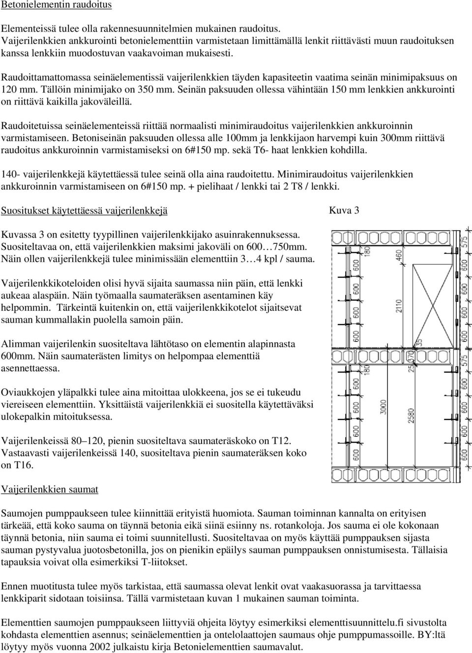 Raudoittamattomassa seinäelementissä vaijerilenkkien täyden kapasiteetin vaatima seinän minimipaksuus on 120 mm. Tällöin minimijako on 350 mm.