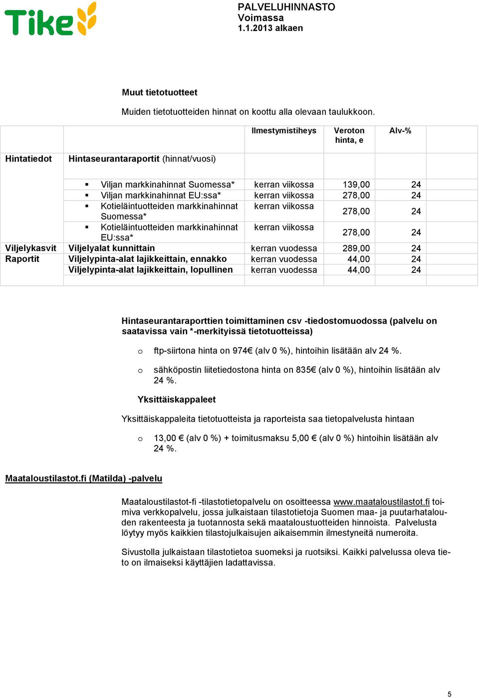 Ktieläintutteiden markkinahinnat kerran viikssa Sumessa* 278,00 24 Ktieläintutteiden markkinahinnat kerran viikssa EU:ssa* 278,00 24 Viljelykasvit Viljelyalat kunnittain kerran vudessa 289,00 24