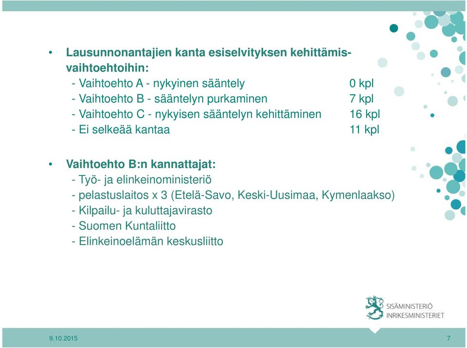 selkeää kantaa 11 kpl Vaihtoehto B:n kannattajat: - Työ- ja elinkeinoministeriö - pelastuslaitos x 3