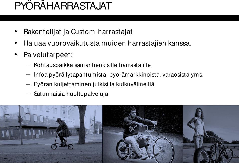 Palvelutarpeet: Kohtauspaikka samanhenkisille harrastajille Infoa