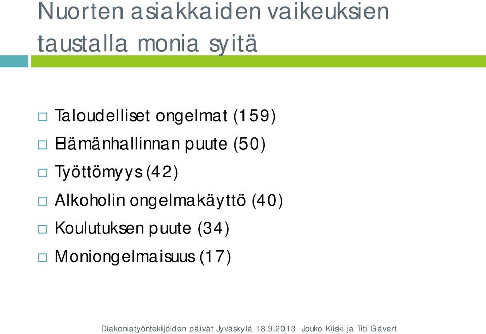 Elämänhallinnan puute (50) Työttömyys (42)