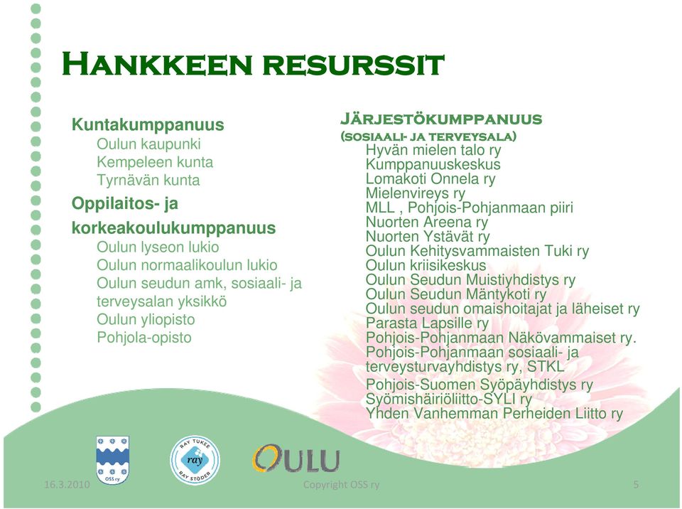 Nuorten Areena ry Nuorten Ystävät ry Oulun Kehitysvammaisten Tuki ry Oulun kriisikeskus Oulun Seudun Muistiyhdistys ry Oulun Seudun Mäntykoti ry Oulun seudun omaishoitajat ja läheiset ry Parasta