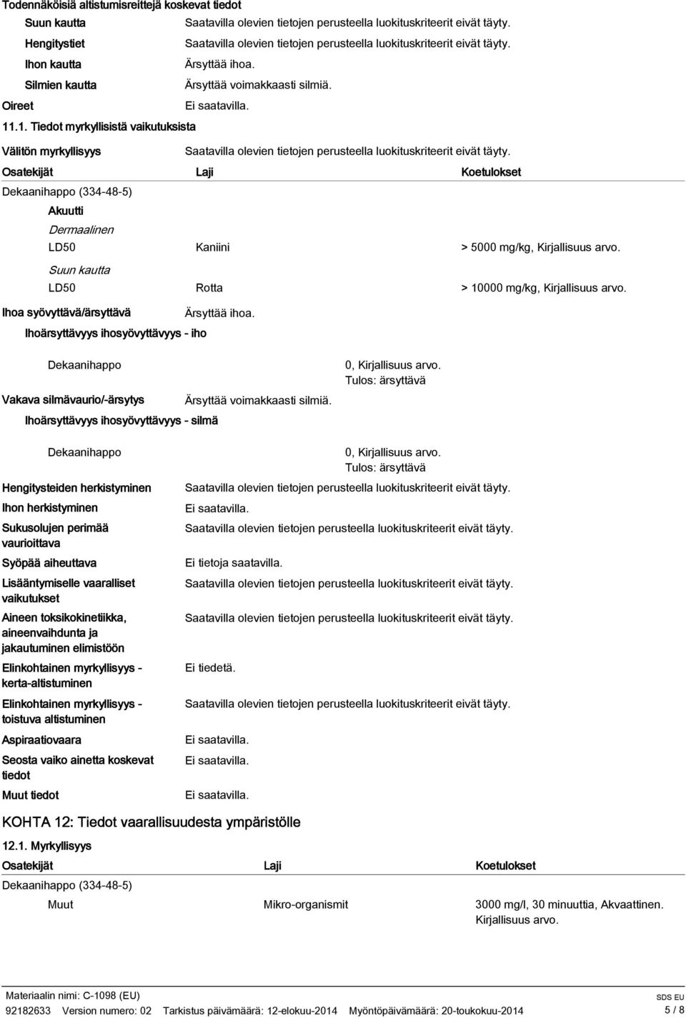 Suun kautta LD50 Rotta > 10000 mg/kg, Kirjallisuus arvo. Ihoa syövyttävä/ärsyttävä Ärsyttää ihoa.