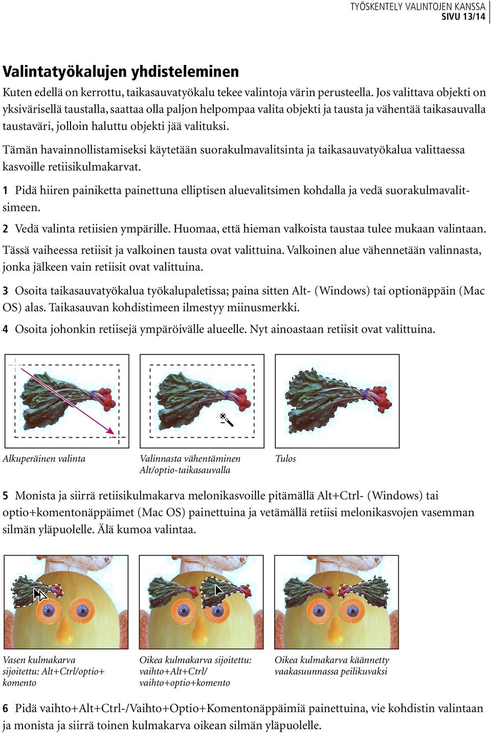 Tämän havainnollistamiseksi käytetään suorakulmavalitsinta ja taikasauvatyökalua valittaessa kasvoille retiisikulmakarvat.