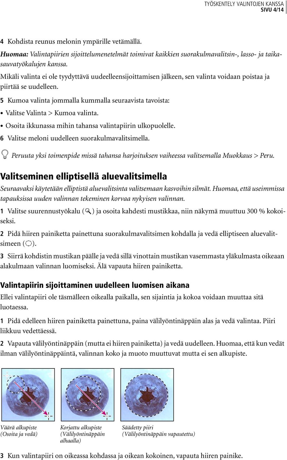 5 Kumoa valinta jommalla kummalla seuraavista tavoista: Valitse Valinta > Kumoa valinta. Osoita ikkunassa mihin tahansa valintapiirin ulkopuolelle. 6 Valitse meloni uudelleen suorakulmavalitsimella.