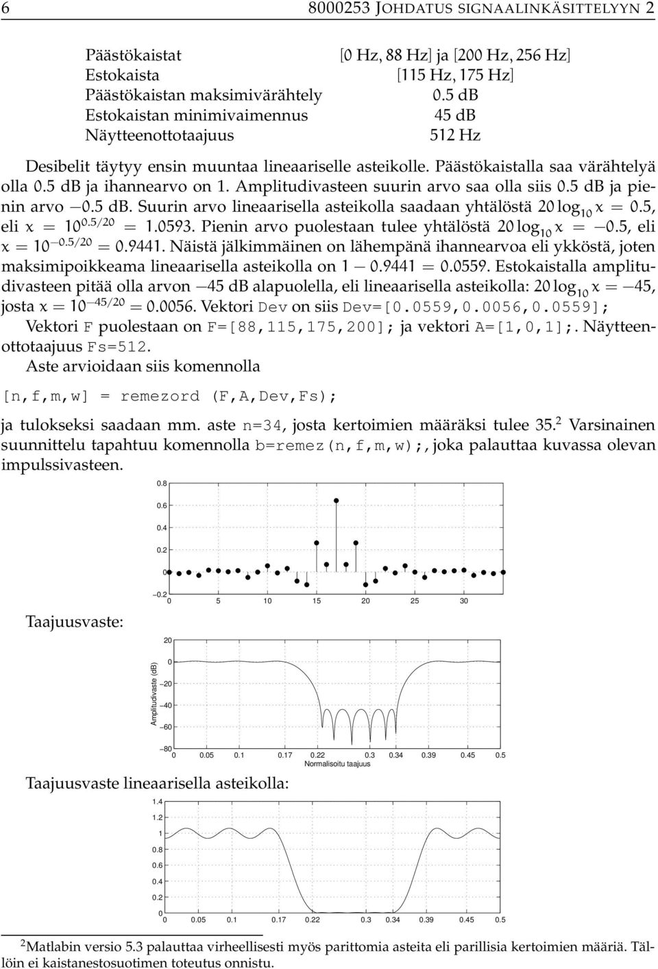 5 db. Suurin arvo lineaarisella asteikolla saadaan yhtälöstä 2 log x =.5, eli x =.5/2 =.593. Pienin arvo puolestaan tulee yhtälöstä 2 log x =.5, eli x =.5/2 =.944.