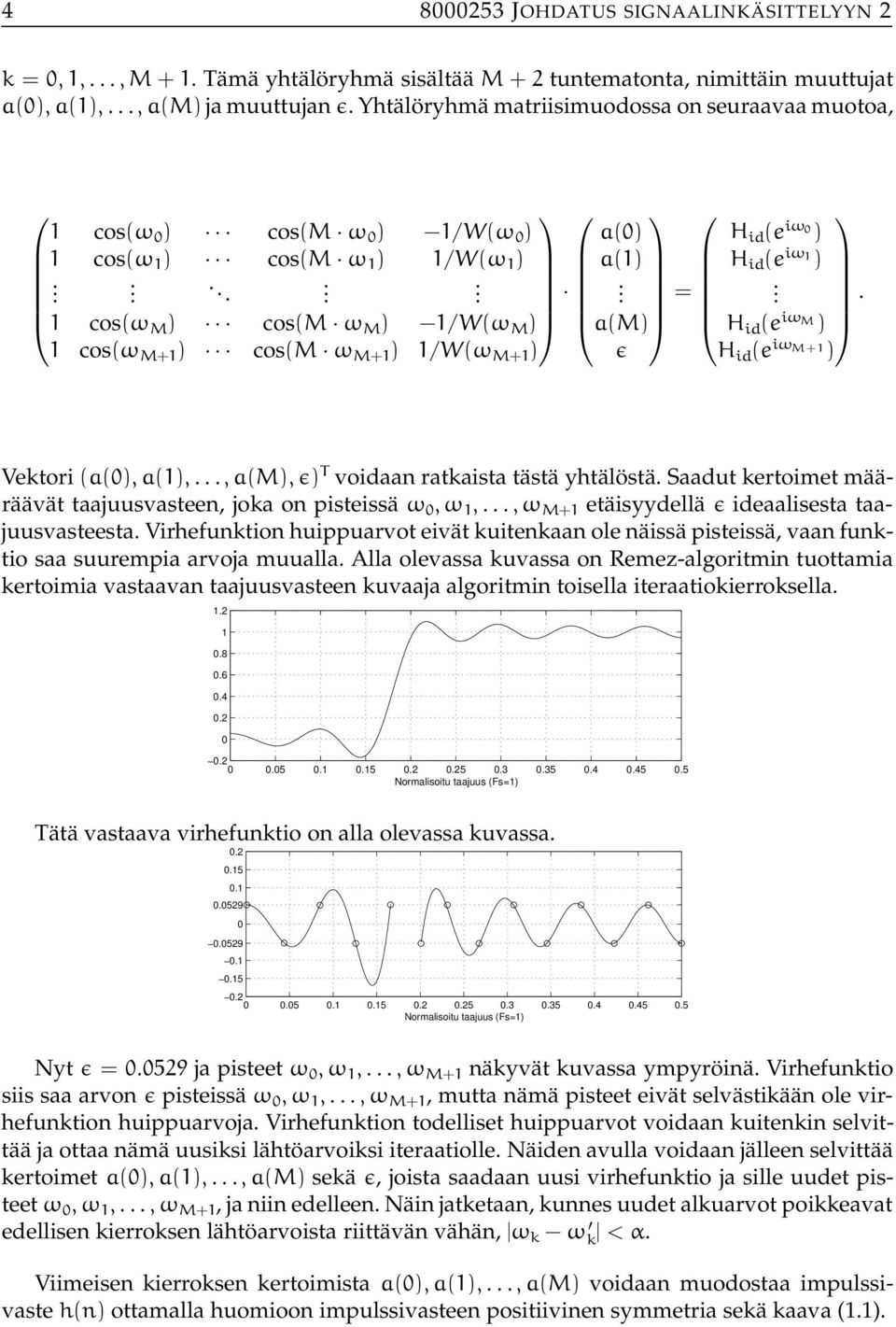 . cos(ω M ) cos(m ω M ) /W(ω M ) a(m) H id (e iω M ) cos(ω M+ ) cos(m ω M+ ) /W(ω M+ ) ɛ H id (e iω M+ ) Vektori (a(),a(),...,a(m),ɛ) T voidaan ratkaista tästä yhtälöstä.