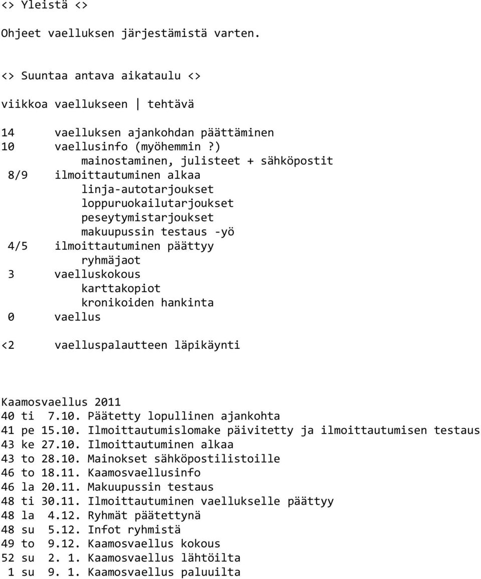 vaelluskokous karttakopiot kronikoiden hankinta 0 vaellus <2 vaelluspalautteen läpikäynti Kaamosvaellus 2011 40 ti 7.10. Päätetty lopullinen ajankohta 41 pe 15.10. Ilmoittautumislomake päivitetty ja ilmoittautumisen testaus 43 ke 27.