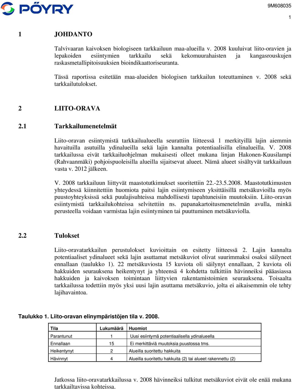 Tässä raportissa esitetään maa-alueiden biologisen tarkkailun toteuttaminen v. 2008 sekä tarkkailutulokset. 2 LIITO-ORAVA 2.