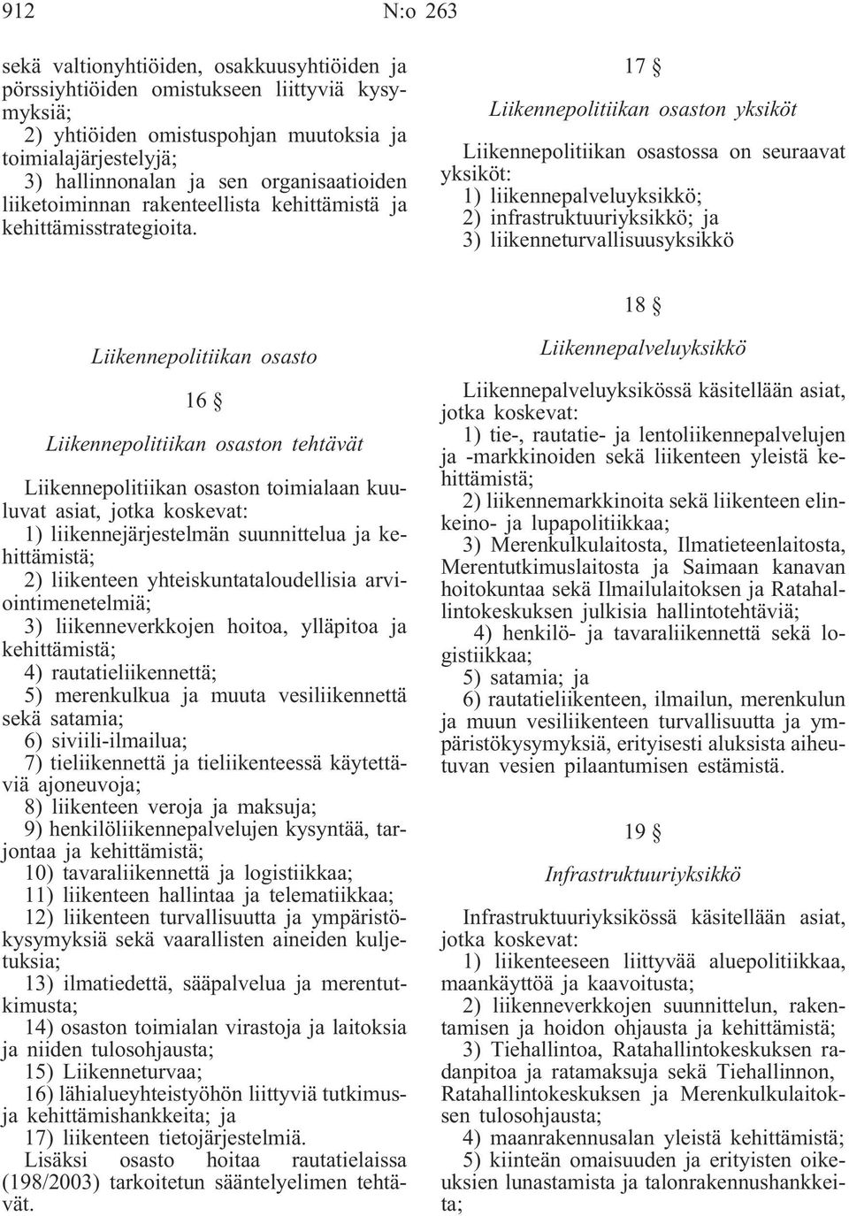 17 Liikennepolitiikan osaston yksiköt Liikennepolitiikan osastossa on seuraavat yksiköt: 1) liikennepalveluyksikkö; 2) infrastruktuuriyksikkö; ja 3) liikenneturvallisuusyksikkö 18 Liikennepolitiikan