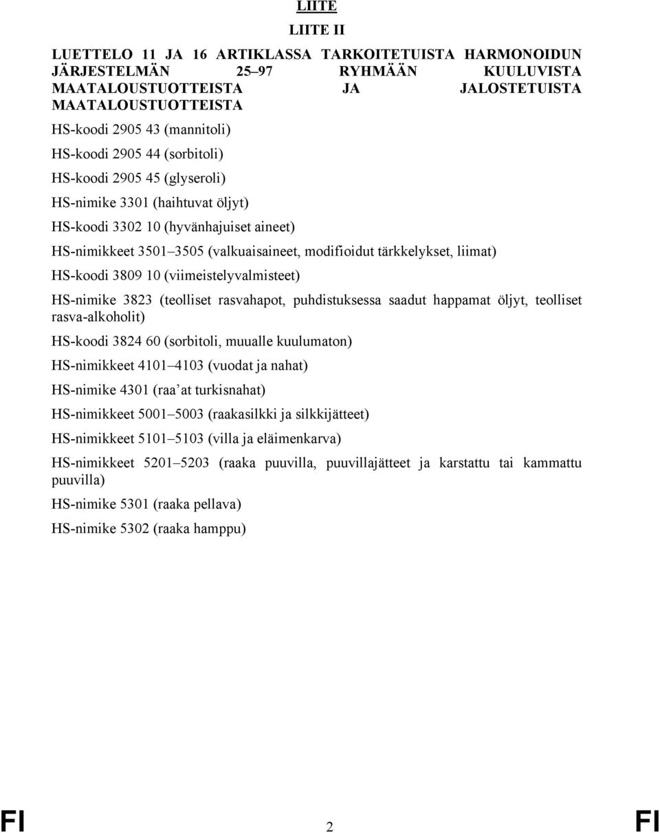 liimat) HS-koodi 3809 10 (viimeistelyvalmisteet) HS-nimike 3823 (teolliset rasvahapot, puhdistuksessa saadut happamat öljyt, teolliset rasva-alkoholit) HS-koodi 3824 60 (sorbitoli, muualle