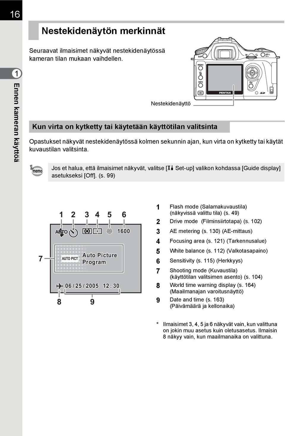 kuvaustilan valitsinta. Jos et halua, että ilmaisimet näkyvät, valitse [H Set-up] valikon kohdassa [Guide display] asetukseksi [Off]. (s.