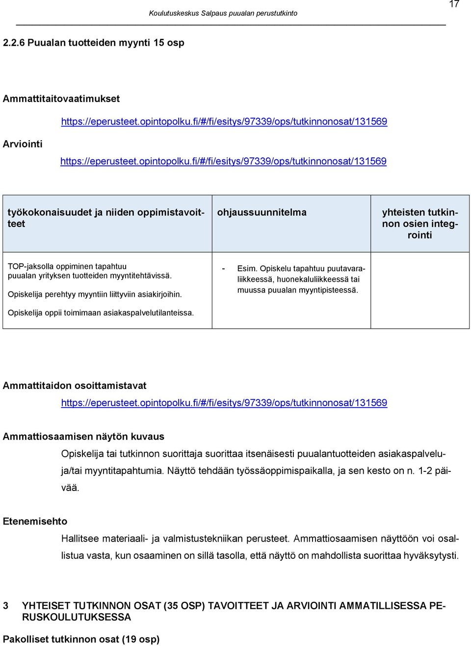 fi/#/fi/esitys/97339/ops/tutkinnonosat/131569 työkokonaisuudet ja niiden oppimistavoitteet ohjaussuunnitelma yhteisten tutkinnon osien integrointi TOP-jaksolla oppiminen tapahtuu puualan yrityksen