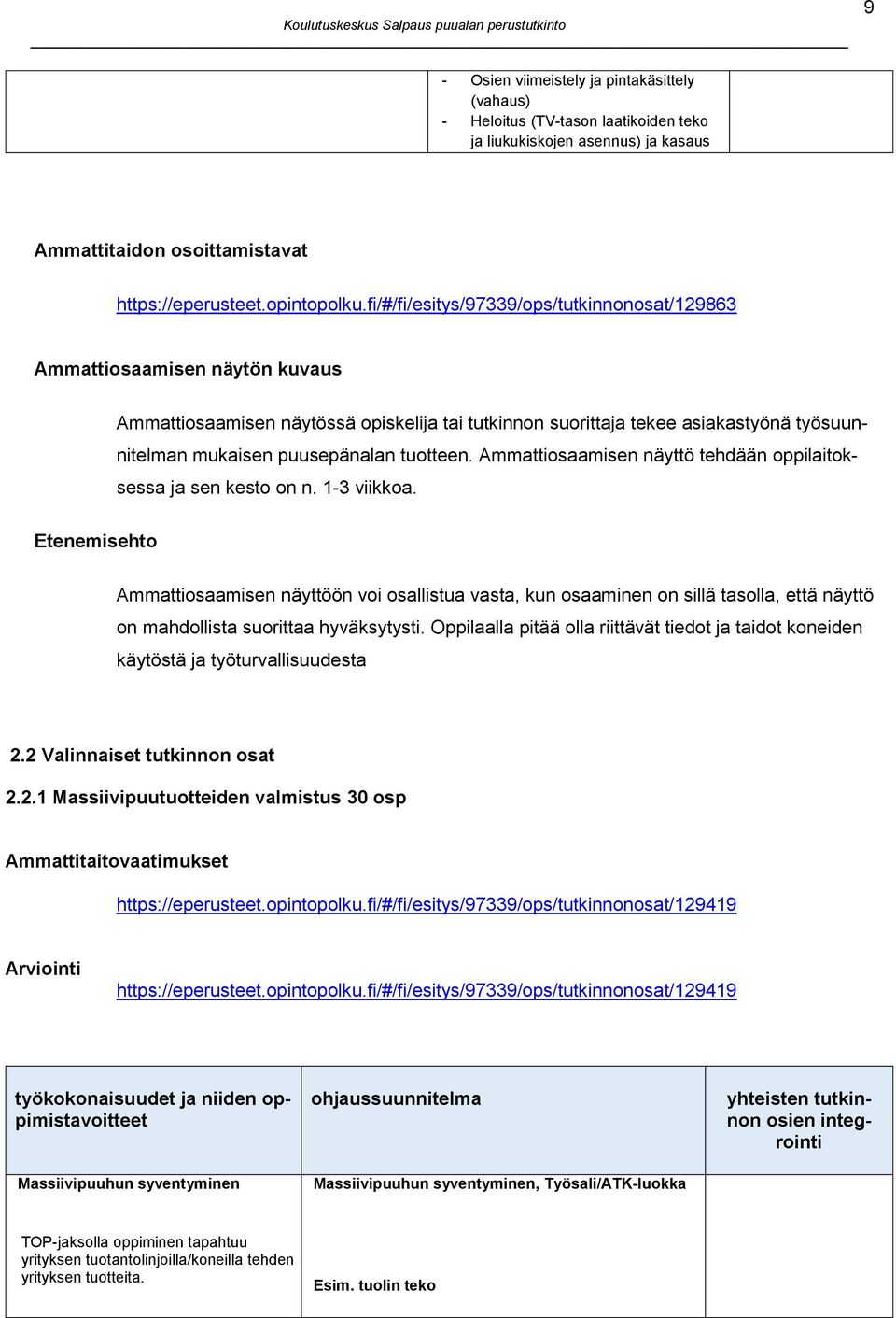 tuotteen. Ammattiosaamisen näyttö tehdään oppilaitoksessa ja sen kesto on n. 1-3 viikkoa.