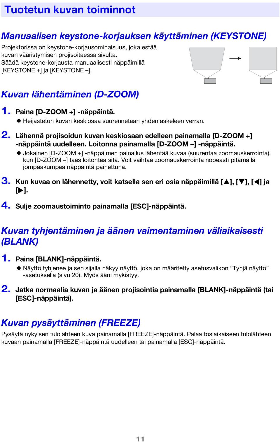 Heijastetun kuvan keskiosaa suurennetaan yhden askeleen verran. 2. Lähennä projisoidun kuvan keskiosaan edelleen painamalla [D-ZOOM +] -näppäintä uudelleen. Loitonna painamalla [D-ZOOM ] -näppäintä.