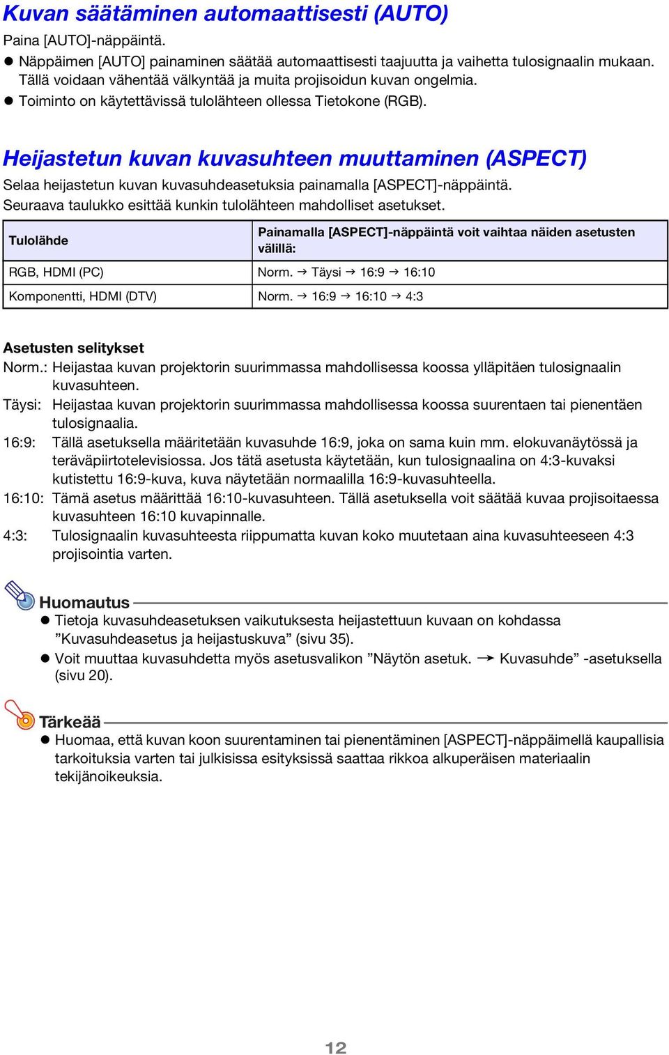 Heijastetun kuvan kuvasuhteen muuttaminen (ASPECT) Selaa heijastetun kuvan kuvasuhdeasetuksia painamalla [ASPECT]-näppäintä. Seuraava taulukko esittää kunkin tulolähteen mahdolliset asetukset.