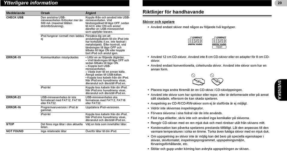 ipod fungerar normalt men laddas ej Försäkra dig om att anslutningskabeln till din ipod inte har kortslutits (t.ex. inte fastnat i metallobjekt).