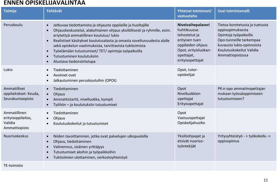 eriytettyä ammatillinen koulutus/ lukio Realistiset käsitykset koulutusalasta ja omasta soveltuvuudesta alalle sekä opiskelun vaatimuksista, tarvittavista tukitoimista Työelämään tutustumiset/ TET/