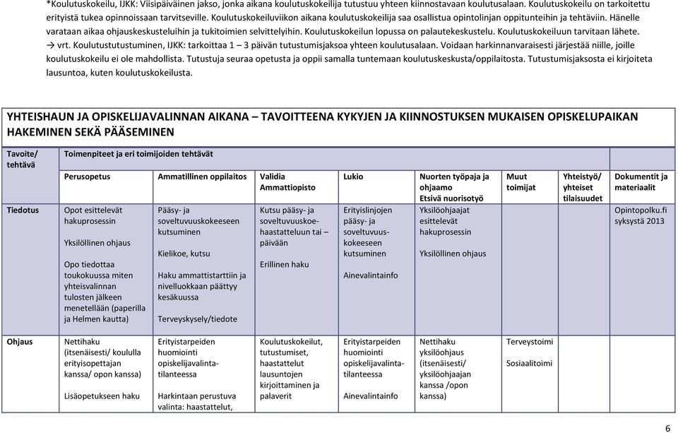 Koulutuskokeilun lopussa on palautekeskustelu. Koulutuskokeiluun tarvitaan lähete. vrt. Koulutustutustuminen, IJKK: tarkoittaa 1 3 päivän tutustumisjaksoa yhteen koulutusalaan.