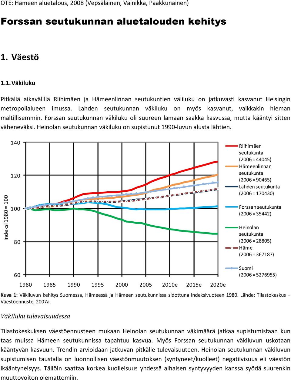 Lahden seutukunnan väkiluku on myös kasvanut, vaikkakin hieman maltillisemmin. Forssan seutukunnan väkiluku oli suureen lamaan saakka kasvussa, mutta kääntyi sitten väheneväksi.