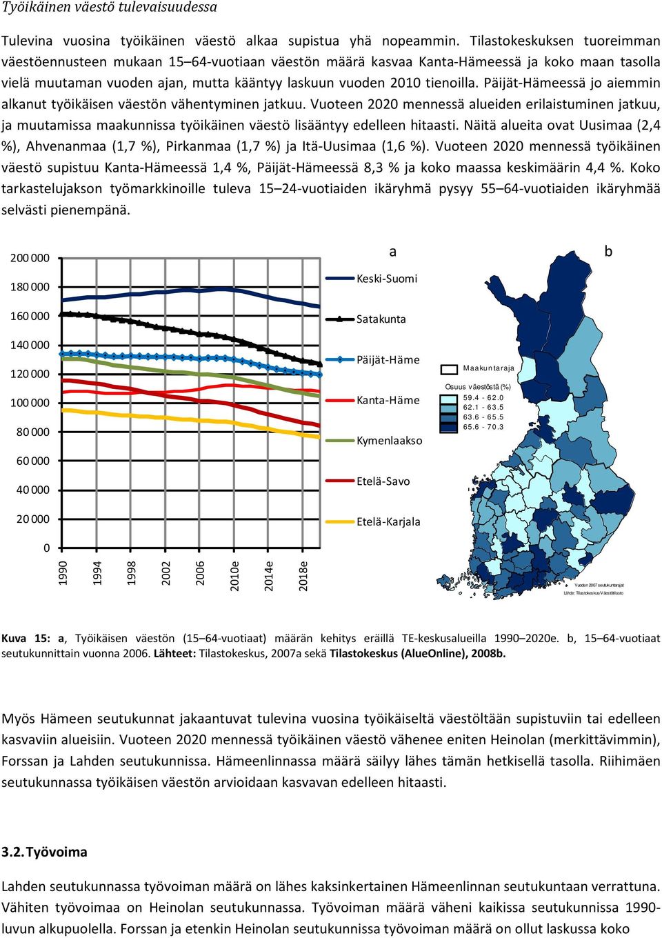 Päijät-Hämeessä jo aiemmin alkanut työikäisen väestön vähentyminen jatkuu. Vuoteen 22 mennessä alueiden erilaistuminen jatkuu, ja muutamissa maakunnissa työikäinen väestö lisääntyy edelleen hitaasti.