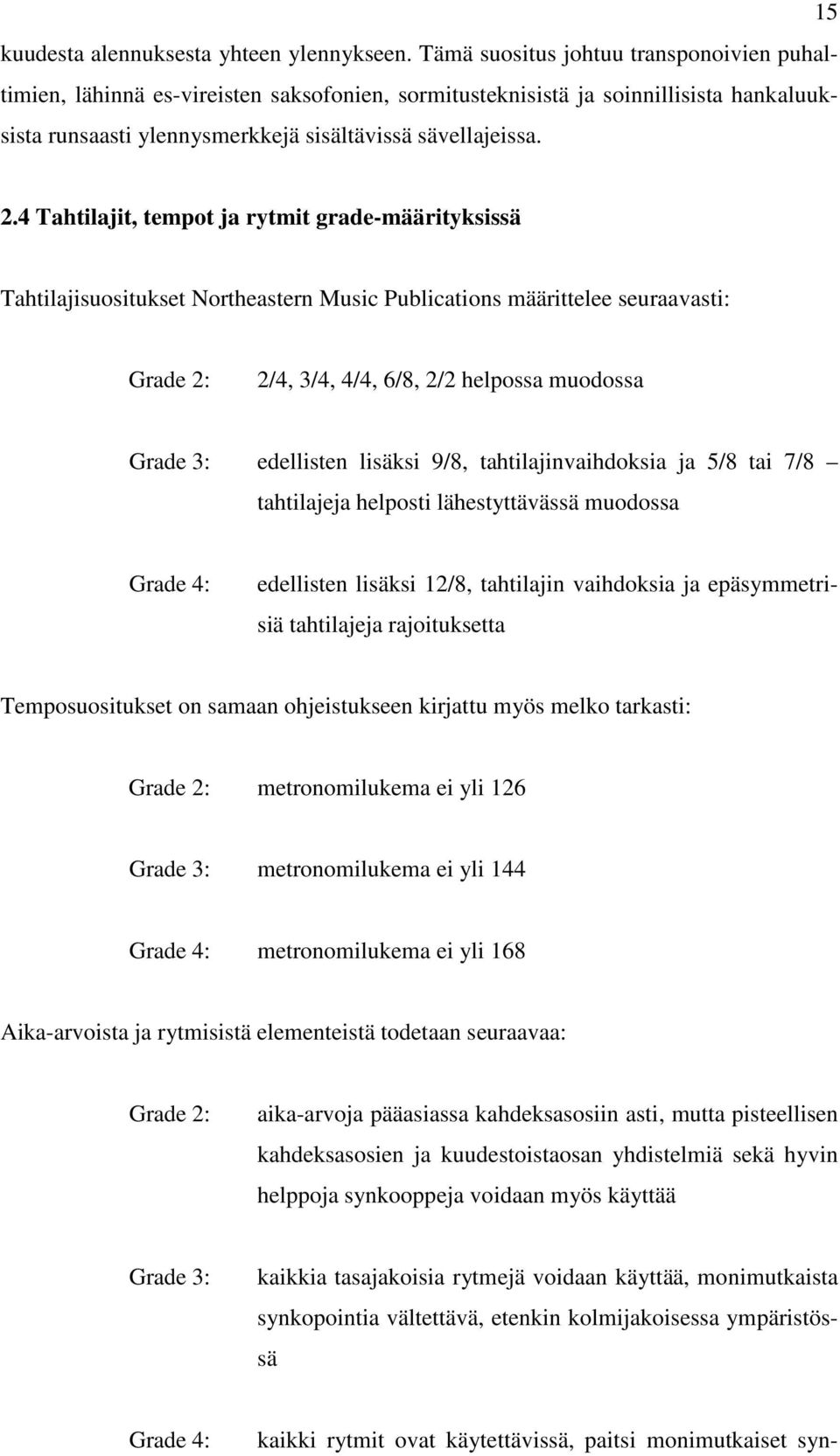 4 Tahtilajit, tempot ja rytmit grade-määrityksissä Tahtilajisuositukset Northeastern Music Publications määrittelee seuraavasti: Grade 2: 2/4, 3/4, 4/4, 6/8, 2/2 helpossa muodossa Grade 3: edellisten