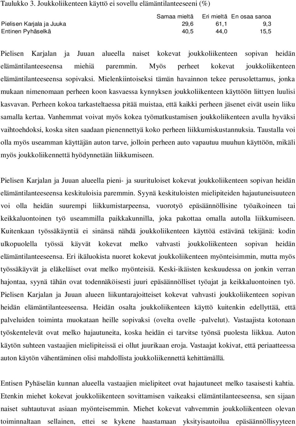 alueella naiset kokevat joukkoliikenteen sopivan heidän elämäntilanteeseensa miehiä paremmin. Myös perheet kokevat joukkoliikenteen elämäntilanteeseensa sopivaksi.