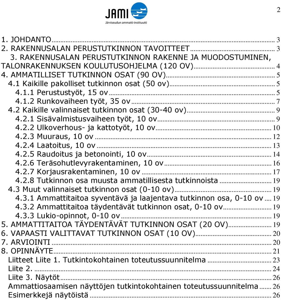 2 Kaikille valinnaiset tutkinnon osat (30-40 ov)... 9 4.2.1 Sisävalmistusvaiheen työt, 10 ov... 9 4.2.2 Ulkoverhous- ja kattotyöt, 10 ov... 10 4.2.3 Muuraus, 10 ov... 12 4.2.4 Laatoitus, 10 ov... 13 4.