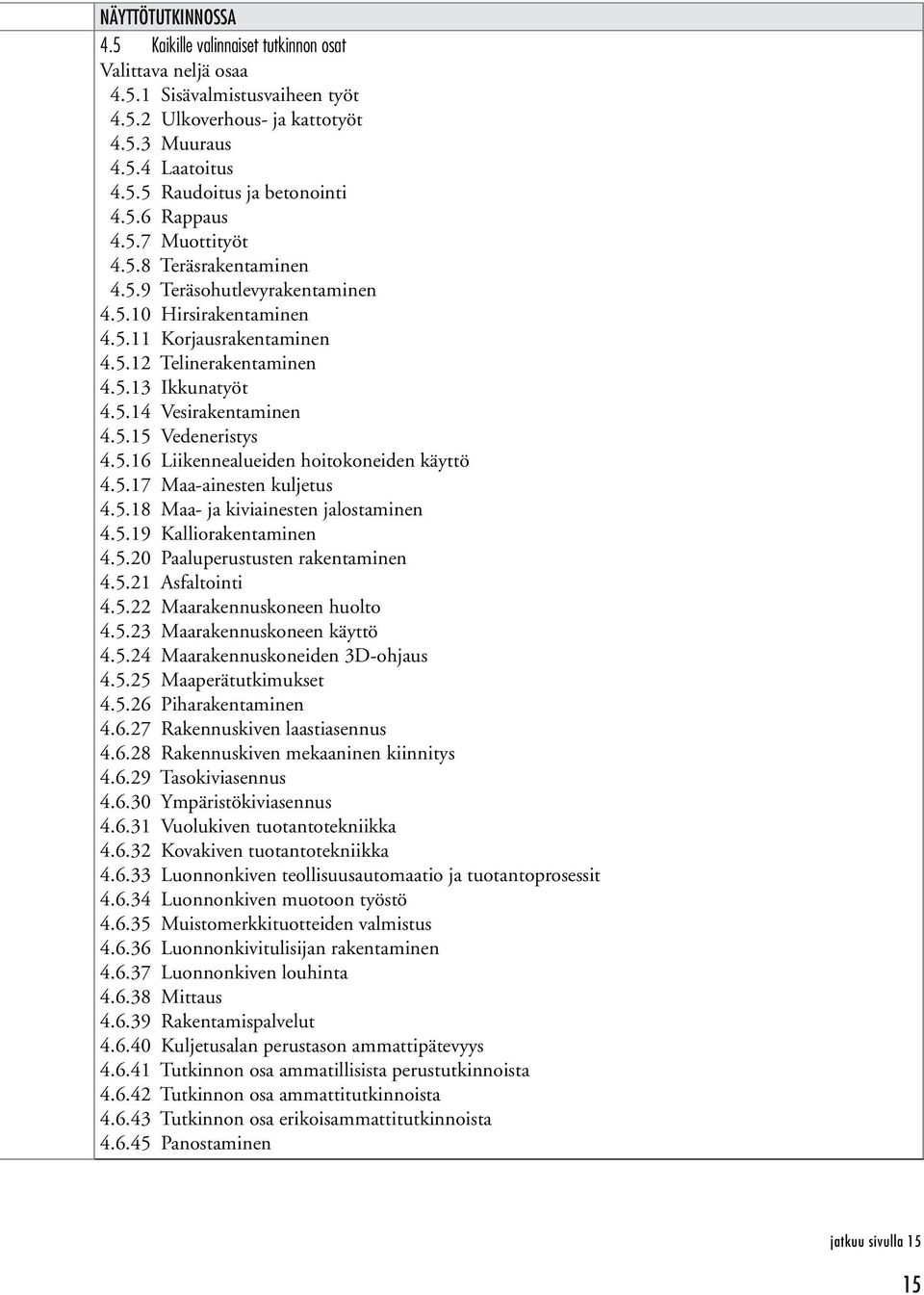 5.15 Vedeneristys 4.5.16 Liikennealueiden hoitokoneiden käyttö 4.5.17 Maa-ainesten kuljetus 4.5.18 Maa- ja kiviainesten jalostaminen 4.5.19 Kalliorakentaminen 4.5.20 Paaluperustusten rakentaminen 4.5.21 Asfaltointi 4.