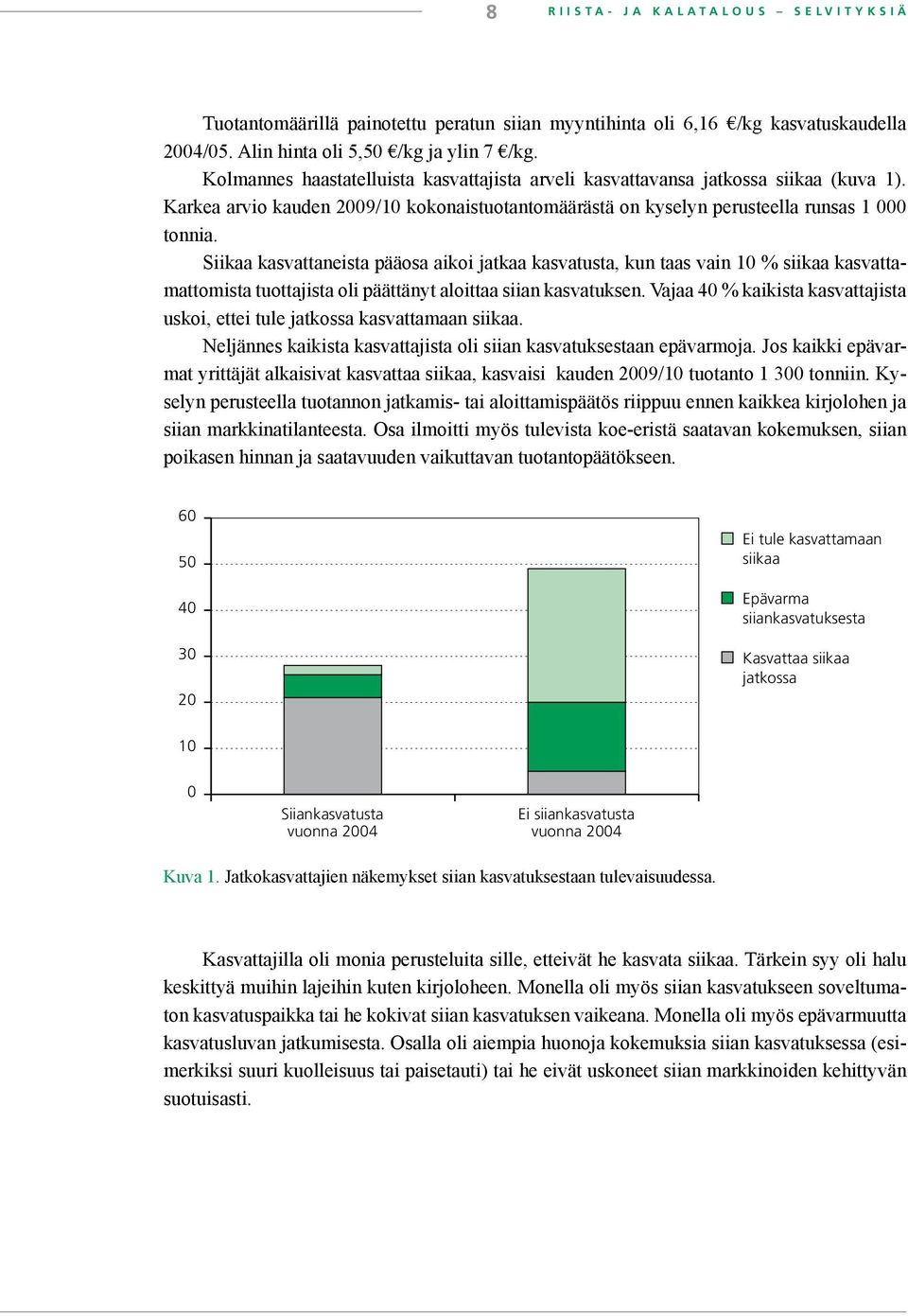 Siikaa kasvattaneista pääosa aikoi jatkaa kasvatusta, kun taas vain 10 % siikaa kasvattamattomista tuottajista oli päättänyt aloittaa siian kasvatuksen.