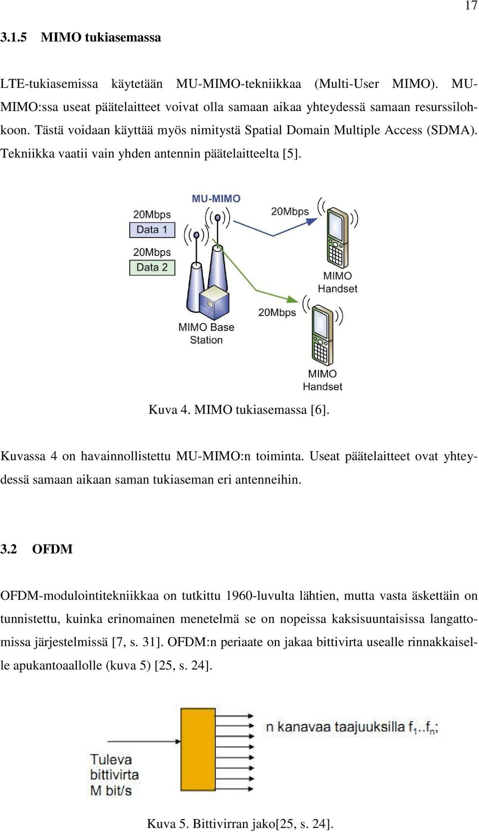 Kuvassa 4 on havainnollistettu MU-MIMO:n toiminta. Useat päätelaitteet ovat yhteydessä samaan aikaan saman tukiaseman eri antenneihin. 3.