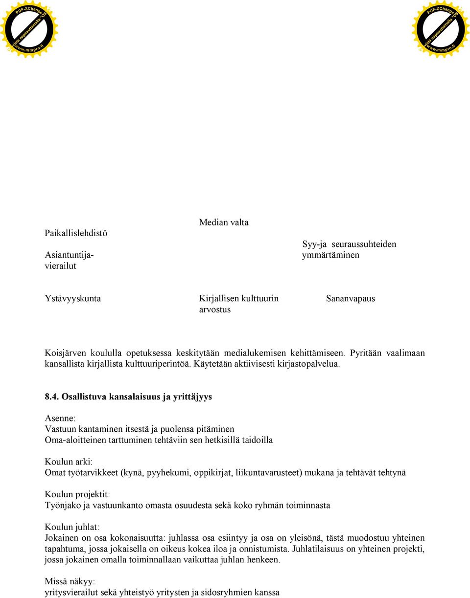 Sananvapaus arvostus Koisjärven koululla opetuksessa keskitytään medialukemisen kehittämiseen. Pyritään vaalimaan kansallista kirjallista kulttuuriperintöä. Käytetään aktiivisesti kirjastopalvelua. 8.