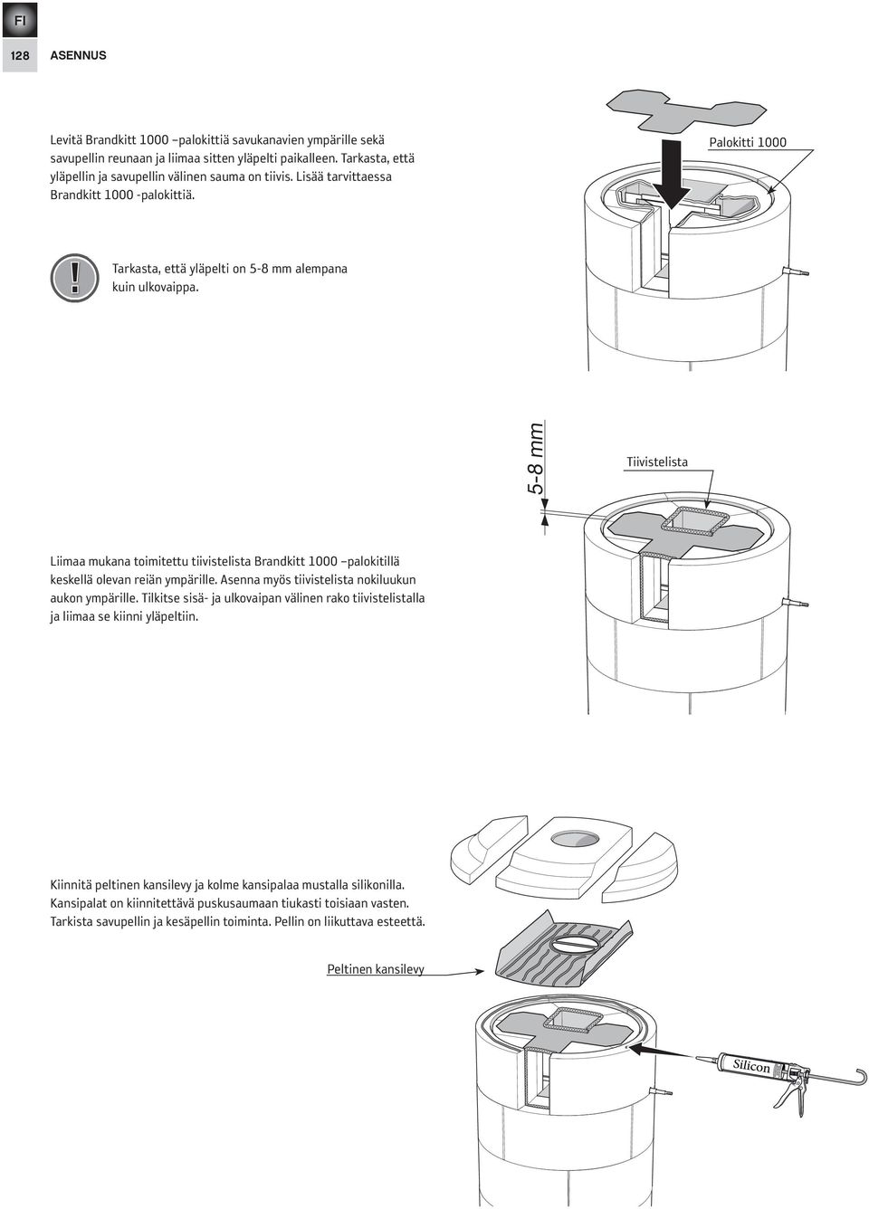 5-8 mm Tiivistelista Liimaa mukana toimitettu tiivistelista Brandkitt 1000 palokitillä keskellä olevan reiän ympärille. Asenna myös tiivistelista nokiluukun aukon ympärille.