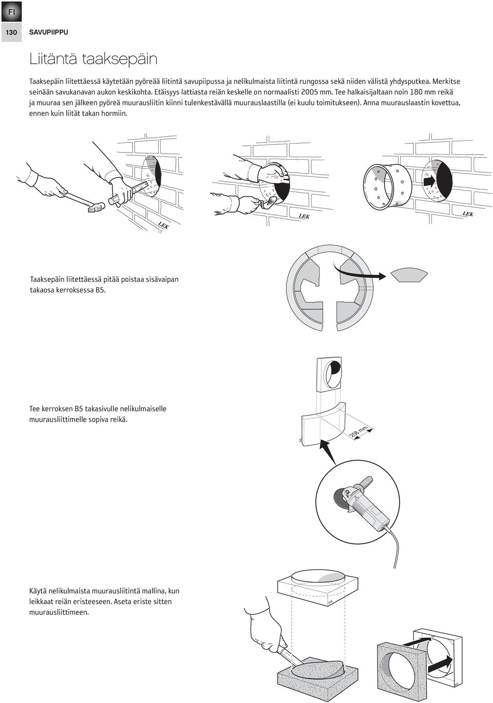 Tee halkaisijaltaan noin 180 mm reikä ja muuraa sen jälkeen pyöreä muurausliitin kiinni tulenkestävällä muurauslaastilla (ei kuulu toimitukseen).