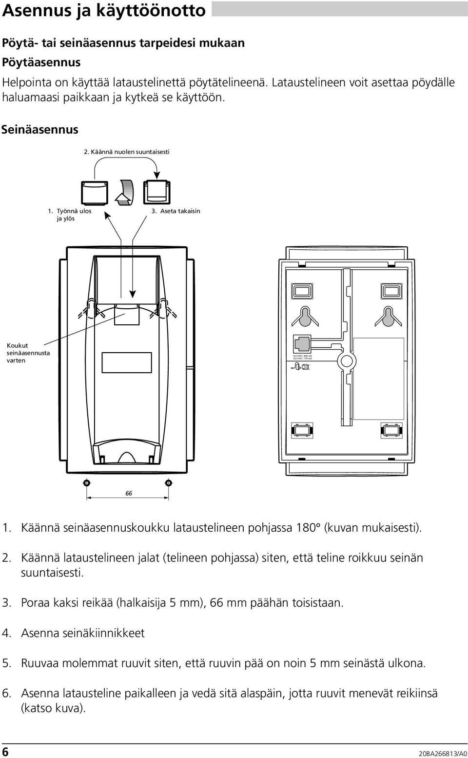 Aseta takaisin Koukut seinäasennusta varten 9,0 VDC / 400 ma 9,0 VAC / 170 ma 66 1. Käännä seinäasennuskoukku lataustelineen pohjassa 180 (kuvan mukaisesti). 2.