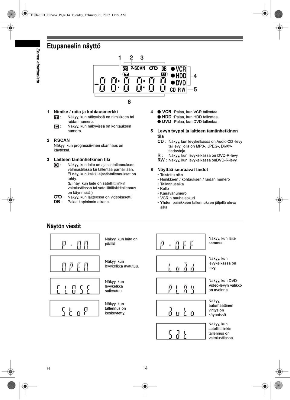 raidan numero. : Näkyy, kun näkyvissä on kohtauksen numero. 2 P.SCAN Näkyy, kun progressiivinen skannaus on käytössä.