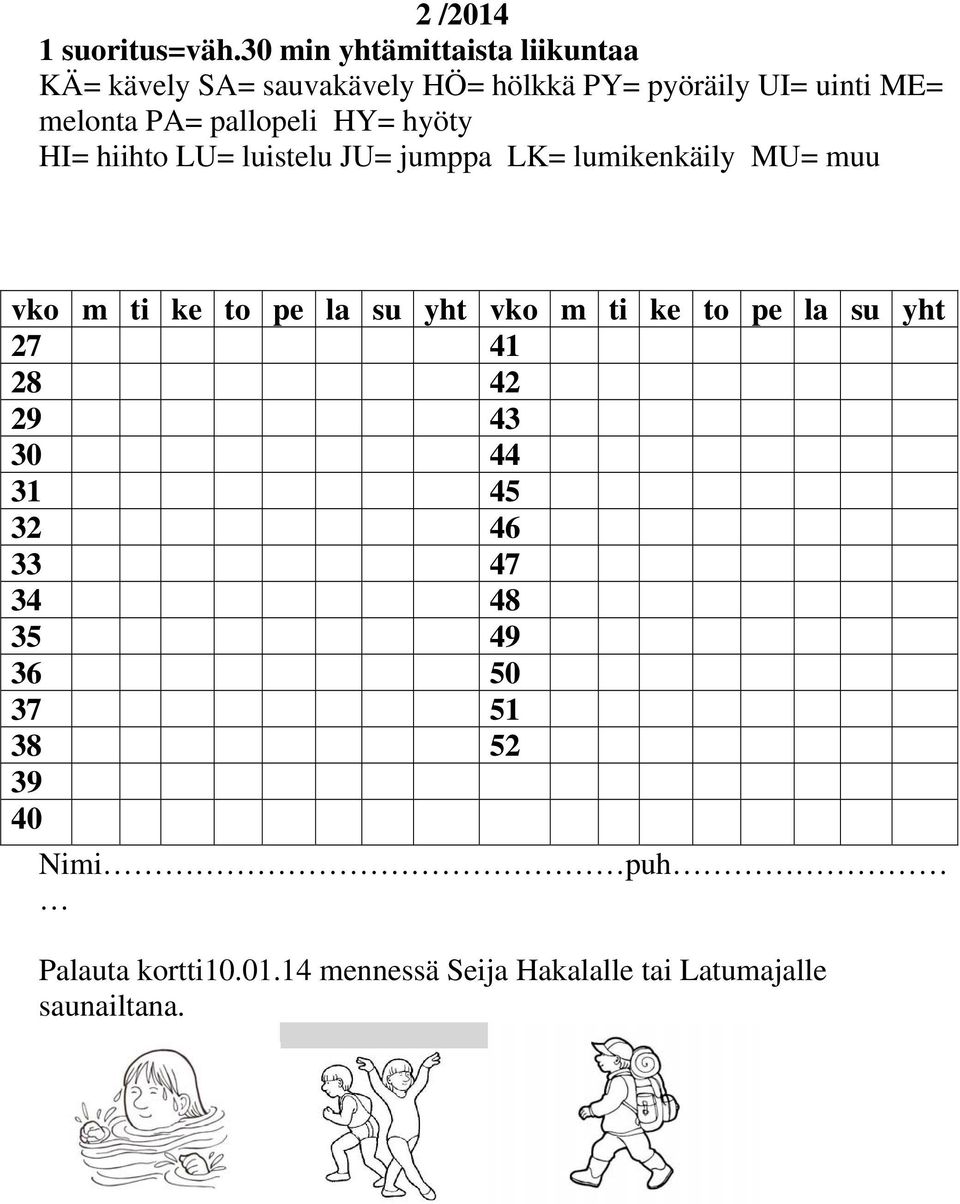 pallopeli HY= hyöty HI= hiihto LU= luistelu JU= jumppa LK= lumikenkäily MU= muu vko m ti ke to pe la su yht